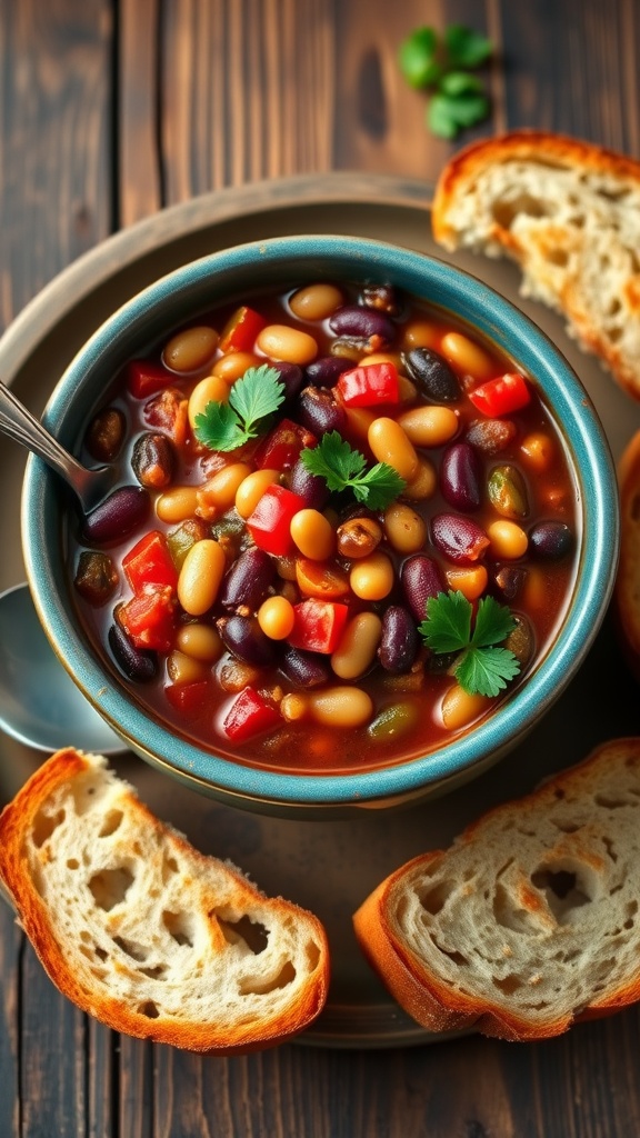 A vibrant bowl of 7-bean chili with beans, tomatoes, and cilantro, accompanied by crusty bread.